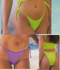 Jelly Tie Side Brazil Brazil cut tie side bikini, dips 
low in front and slim cut rear.  
Colors: See drop down box.  Sizes: S-M-L.