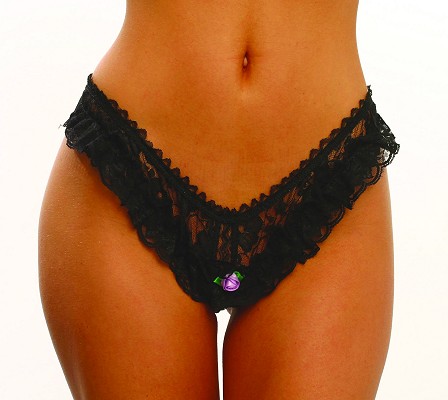 Crotchless lace panty with rosebud Crotchless lace panty with a rosebud. One size fits most.