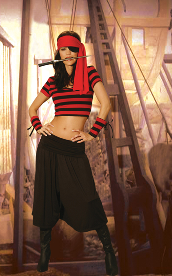 Pirate Babe 6pc costume includes gaucho pants, crop top, arm bands,
head scarf, eye patch and dagger.