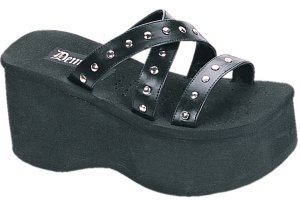 Funn-19 Stud Sandals *NEW* NEW!! Slip on sandals with three top of foot straps with circle studs. Color as shown in Black PU. Heel height: 3 1/2. Sizes: 6-10.